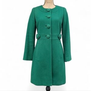 Elegant Banana Republic Emerald Green Wool Coat, Belted A-Line Button Front, XS